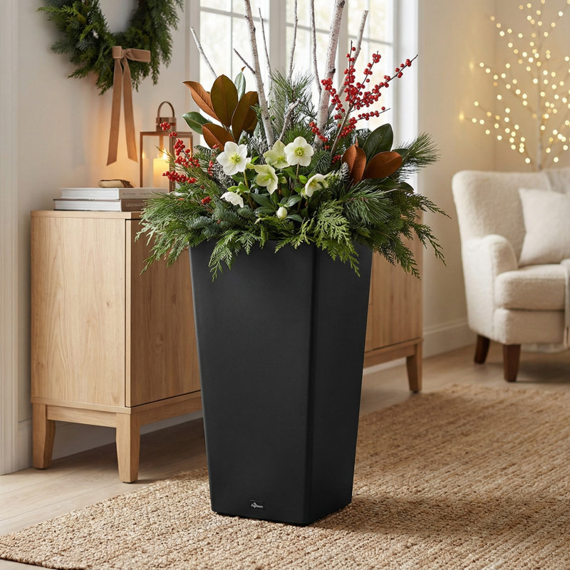 Grand bac à fleurs carré de 28 po avec tablette pour plante, 1