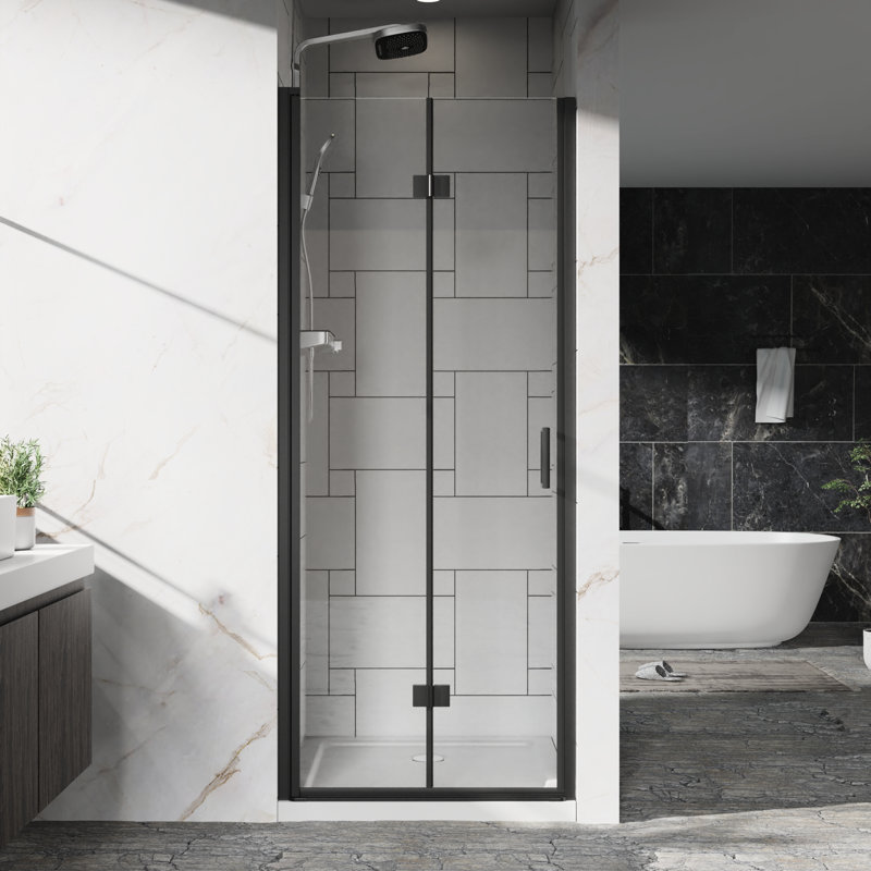 Porte de douche pivotante à panneau pivotant de 32 à 33,2 po de largeur, verre trempé de 6 mm, finition noire, installation réversible, pivot pivotant à 180 °, charnières pliantes bi, bandes d'étanchéité magnétiques pour le nettoyage à sec