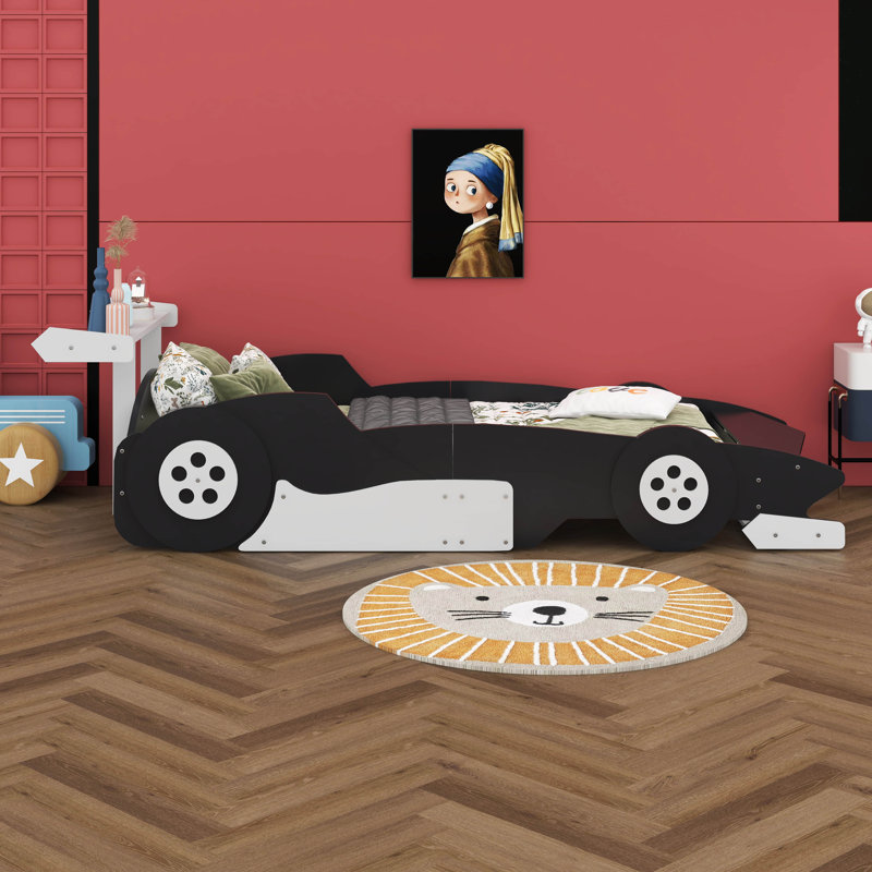 Lit plateforme en forme de voiture de course avec roues, Simple, Noir