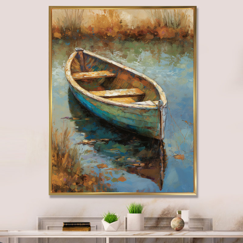 «Lake Serenity Dinghy Boat Resting On The Water I», art mural Lakehouse, H 40 po x l 30 po x P 1,5 po, Cadre flottant doré