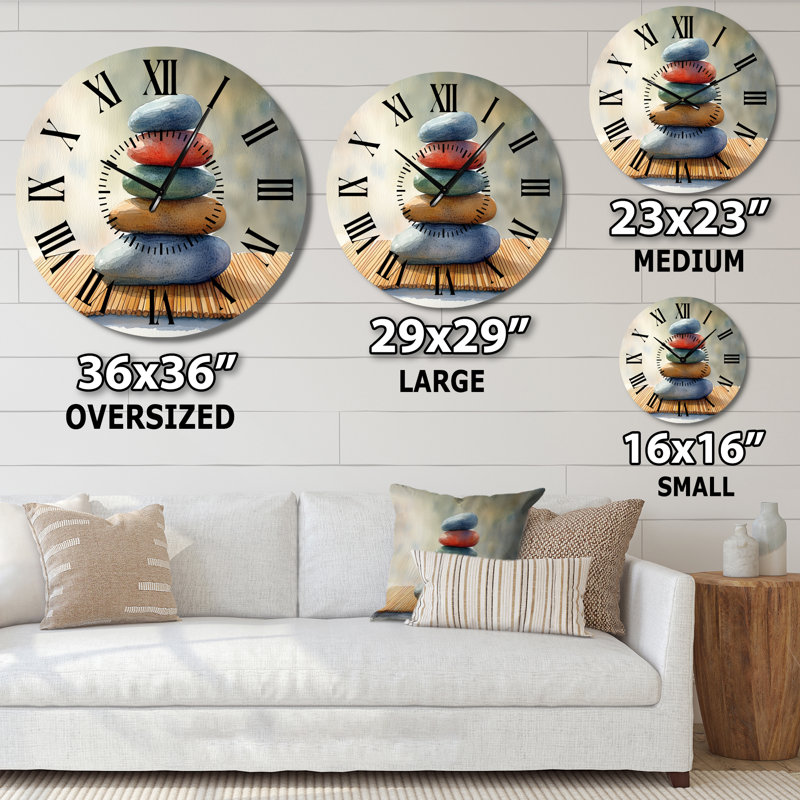 Horloge murale en métal Zen Silent avec pierres lisses empilées sur tapis de bambou, Médium