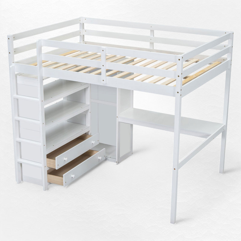 Khansaa Full Loft Bed with Built-in Desk and Storage, White