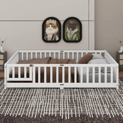 Queen Size Floor Bed With Fence,Door And Safety Guardrails