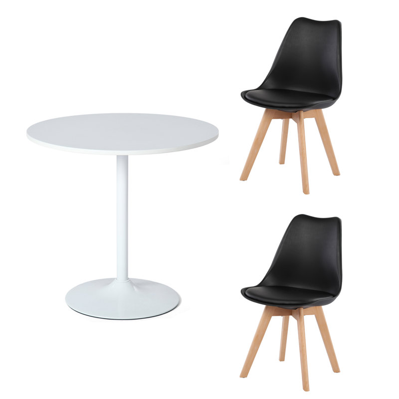Ensemble de table de salle à manger 3 pièces, table de salle à manger ronde avec 2 chaises en plastique (blanc et noir), Noir