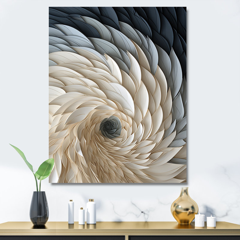 Plume blanche et bleue en spirale I - art mural géométrique, Toile tendue, H 40 po x l 30 po x P 1,5 po