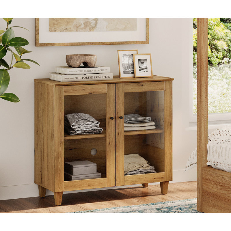 35" Small Sideboard Buffet Cabinet With Glass Doors, Modern Wood Kitchen Credenza Storage Cabinet With Adjustable Shelf For Living Room, Dining Room