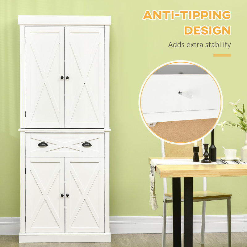 White Freestanding 4-Door Kitchen Pantry Cabinet with Drawer