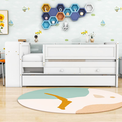 Twin Daybed with Trundle Wood with Built-in-Desk