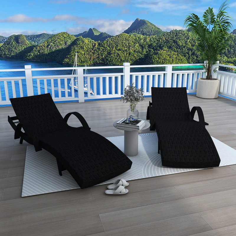 Ensemble de 2 chaises longues en osier, Noir, Noir