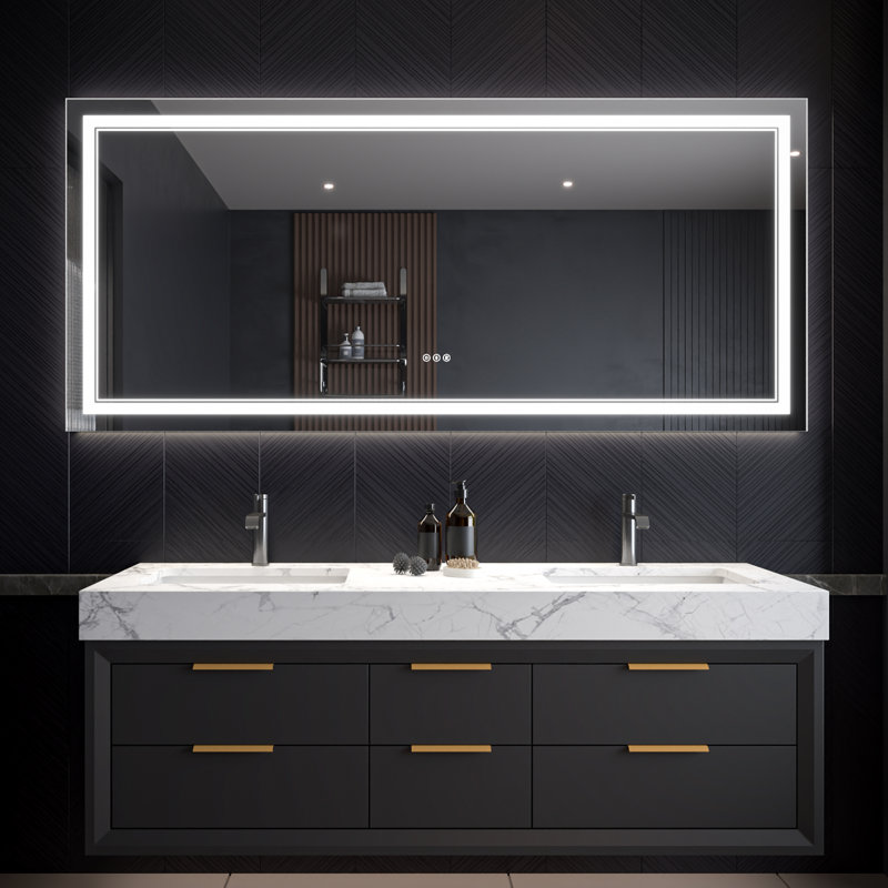 Miroir de salle de bain à DEL avec éclairage de façade en verre trempé anti-buée, 32 po x 72 po