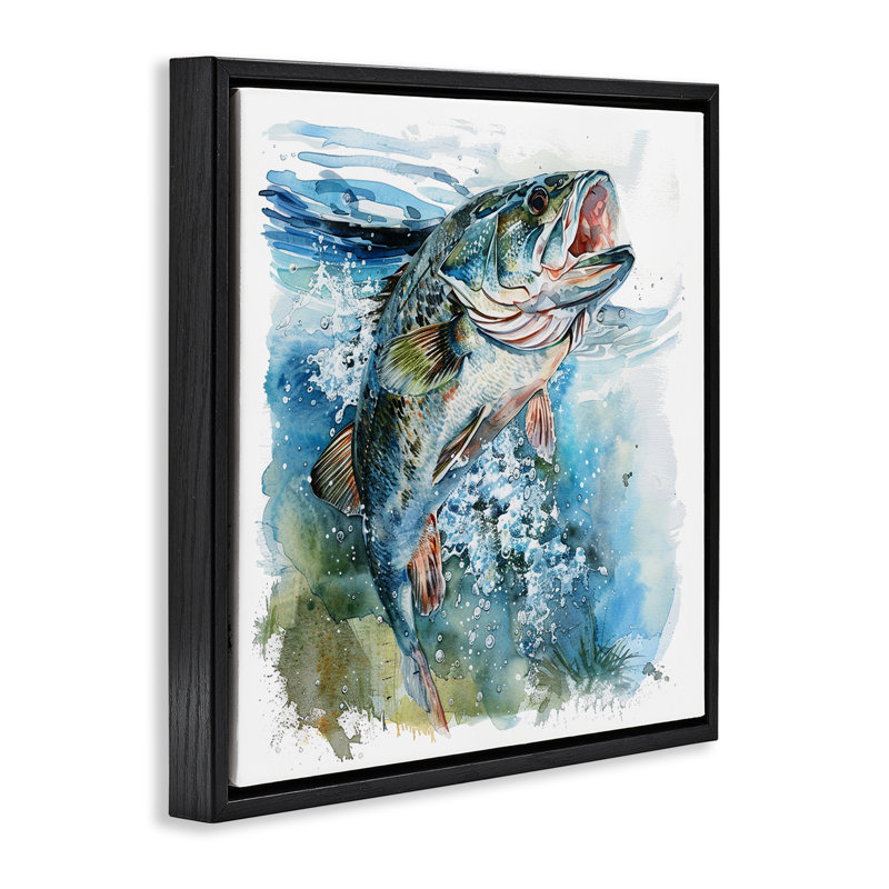  «Water Splashing Fish», art mural sur toile flottante par LSR Design Studio, Cadre flottant noir de jais, H 18 po x l 18 po