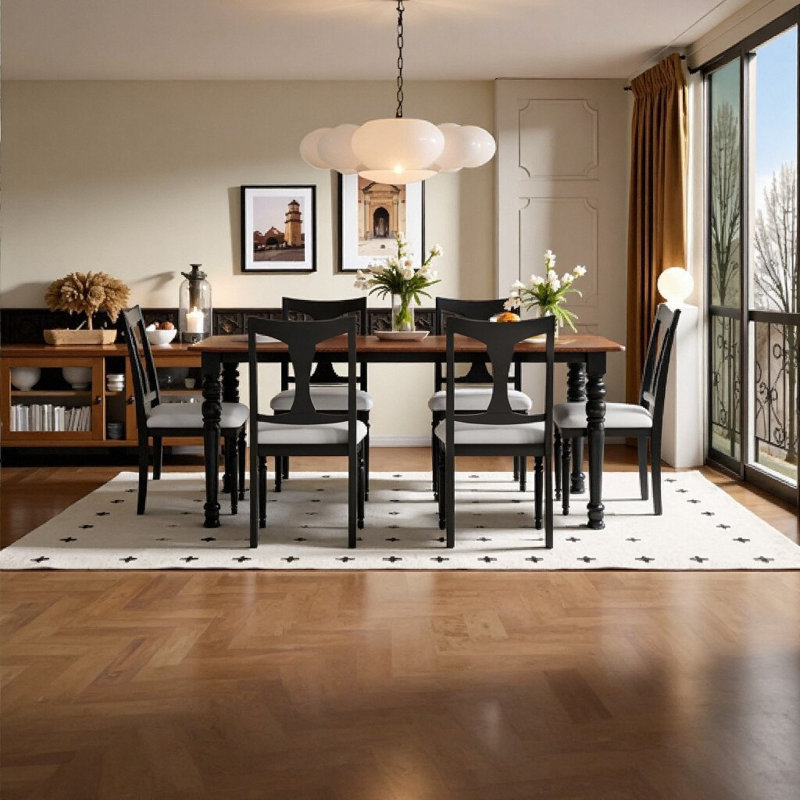 Ensemble de salle à manger extensible 7 pièces - Table de ferme avec 6 chaises rembourrées, Noir