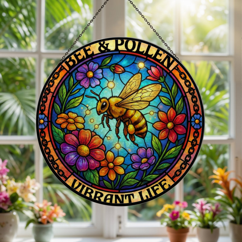 Panneau de vitrail en verre coloré 12 "H Bee Pollen, 12" H x 12" W