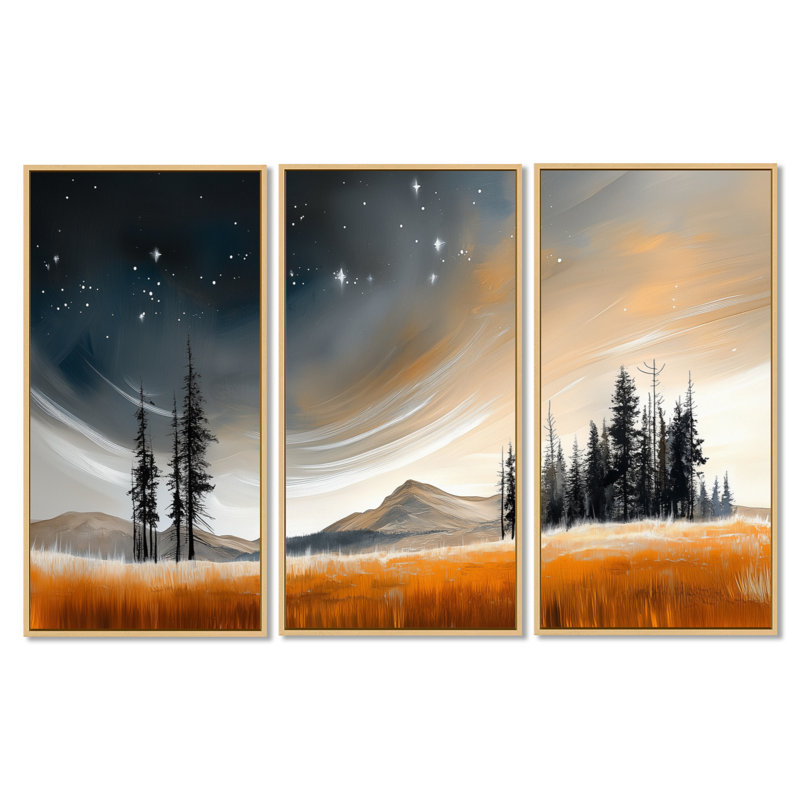 Starry Night Over Meadow - Décoration murale encadrée paysage orange 3 pièces, H 40 po x l 60 po, Cadre naturel flottant