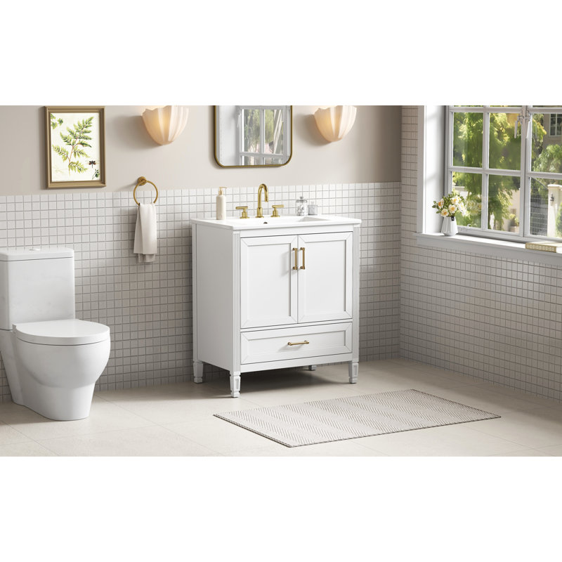 Meuble-lavabo cannelé élégant de 30 po avec lavabo en céramique, boîte simple, pieds en bois massif, portes et tiroir à fermeture en douceur, tablette de porte