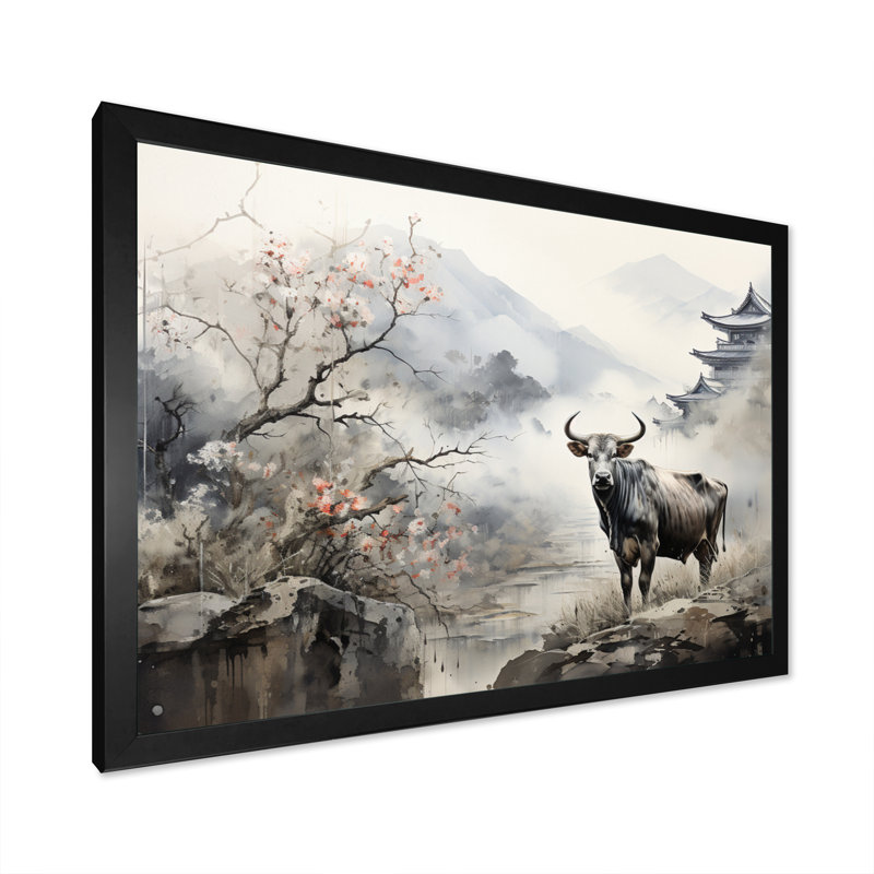 «Asian Art Cow Sumi» - reproduction d'art, H 12 po x l 20 po x P 1 po, Cadre photo noir