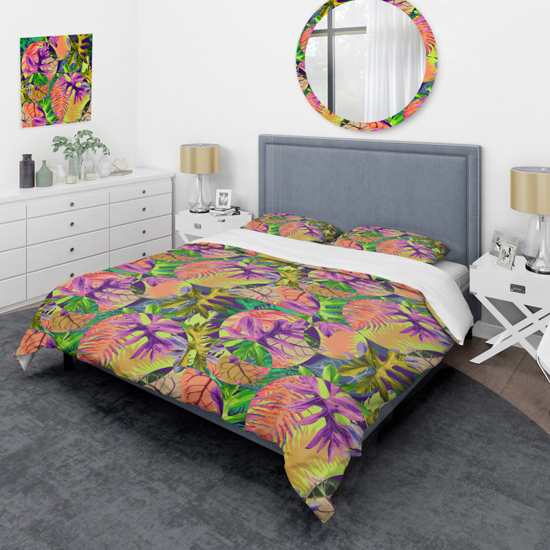 Multicolore feuilles tropicales - ensemble de housse de couette floral - microfibre de polyester