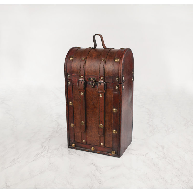 Antique Red Faux Leather and Wood Wine Box with Brass Accents