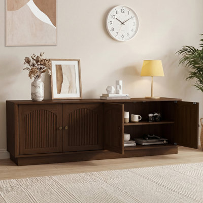 Tv Stand For 75 Inch Tv, Mid Century Modern Tv Stand With Arched Fluted Doors, Media Console Cabinet With Adjustable Shelves, 67" Entertainment Centre With Storage For Living Room Bedroom, Brown