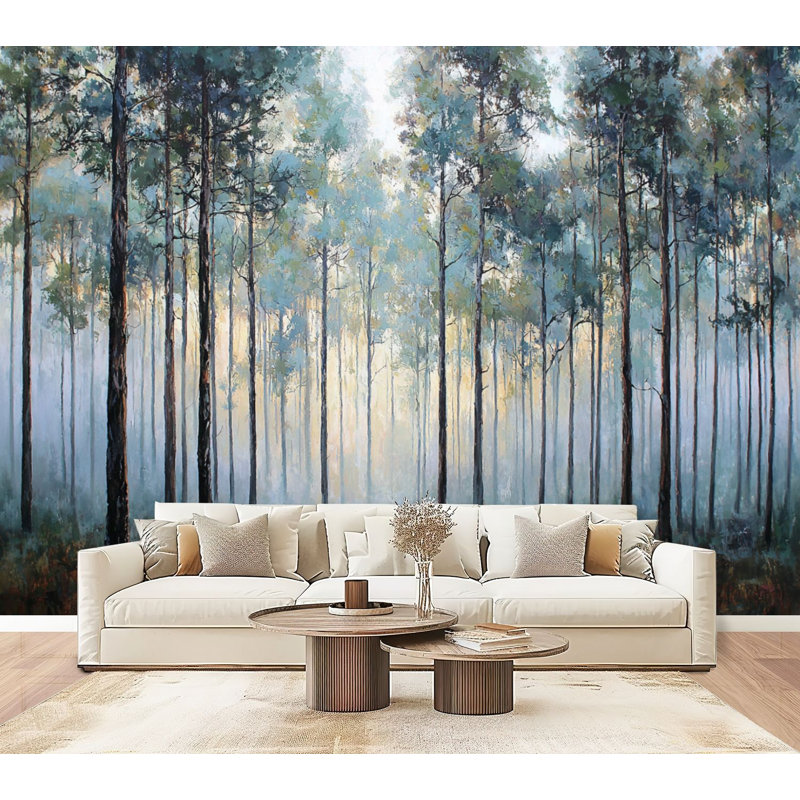 Papier peint adhésif pelez et collez, décor de forêt onirique, auvent brumeux, décorations murales boisées H 69 po x l 96 po, papier peint amovible en PVC, adhésif pour chambre à coucher, bureau à domicile
