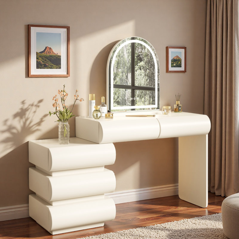 Luxury 2-in-1 Vanity Table With Leather Finish, 3-color Led Lighted Mirror, Adjustable Length And 5 Storage Drawers
