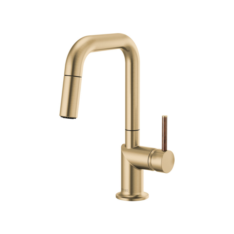 Odin® Pull-Down Prep Faucet with Square Spout, Wood Lever, Luxe Gold