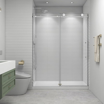 Portes de douche coulissantes noires à fermeture douce, l 60 po x H 73 po, verre facile à nettoyer Nano-Proof de 8 mm, brossé, conception américaine, imperméable, à installation rapide, portes en verre trempé à service spécialisé, 73 po, style,