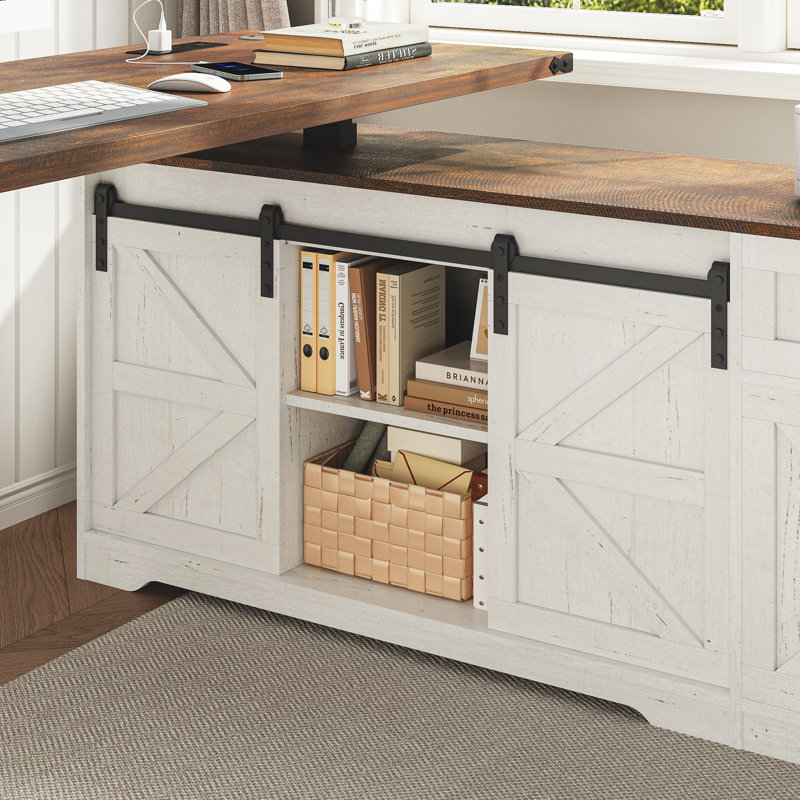 55'' L-Shaped Farmhouse Electric Standing Desk, Height Adjustable Sit Stand Corner Desk with Power Outlets, Storage Drawers & Sliding Door for Home Office