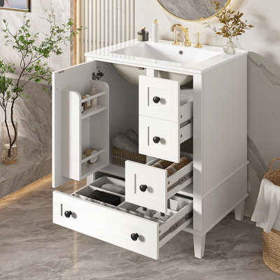 Meuble-lavabo de 24 pouces avec lavabo en céramique intégré, tablette double couche, tiroirs à fermeture en douceur et porte d'armoire pour salles de bain modernes