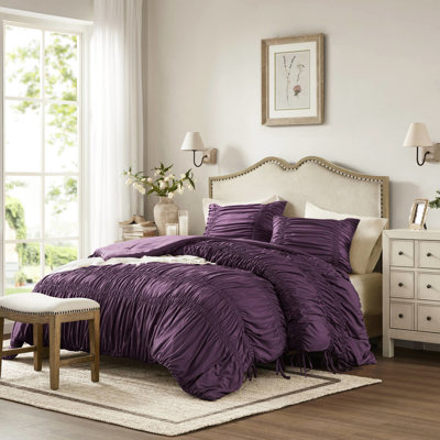 2 pièces d'édredon mauve simple / simple TG, microfibre brossée, tout en design romantique avec attaches, lavable à la machine