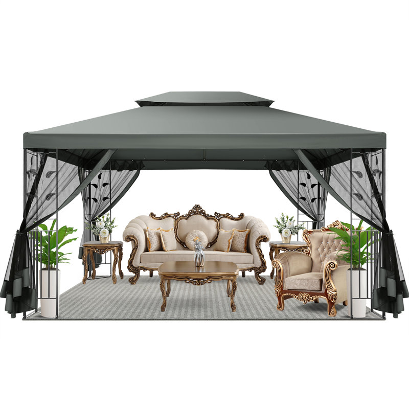 Pavillon de jardin en métal 10 x 10 pi, auvent de tente d'extérieur pour cour avec filet, Gris