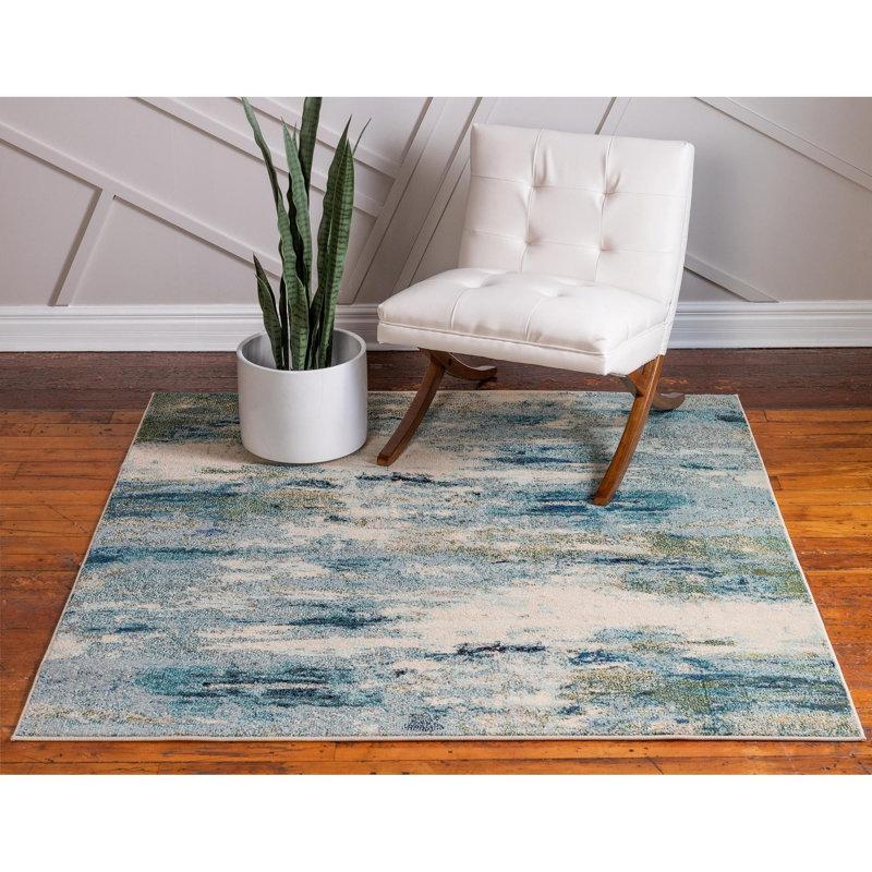 Tapis bleu clair tissé à la machine à motif abstrait Keimar, Carré 6 pi 1 po