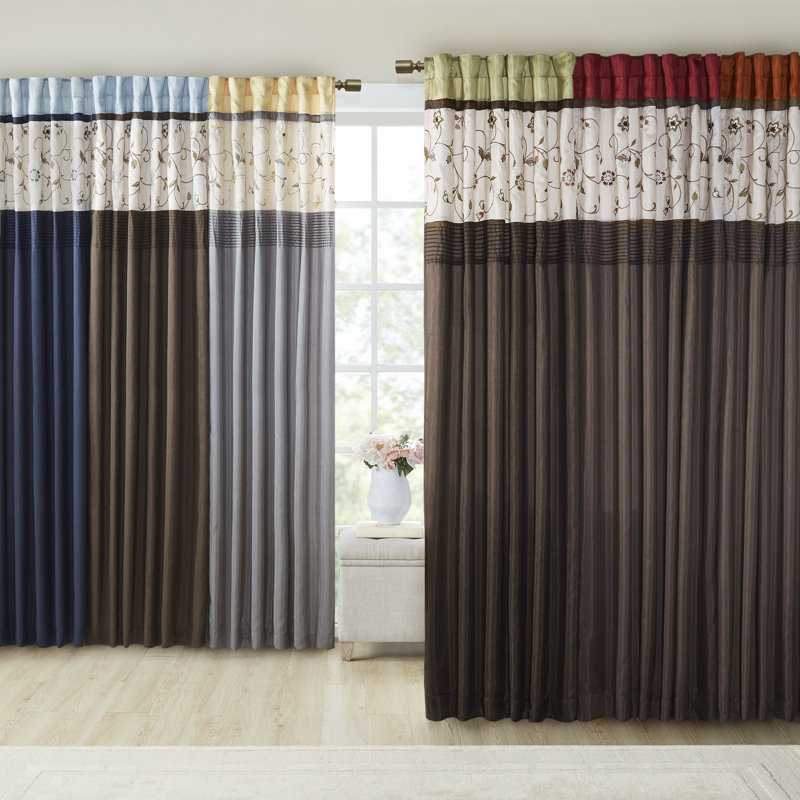 Navy Embroidered Light Filtering Pleated Curtain Panel