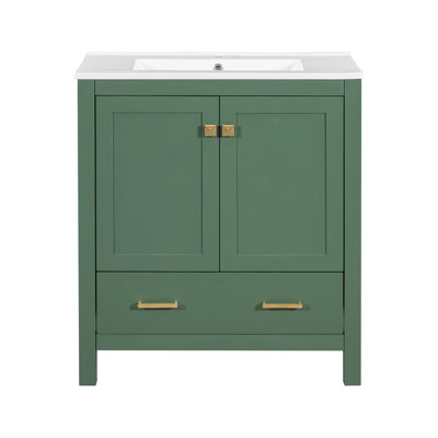 Meuble-lavabo de salle de bain avec lavabo en céramique, tiroirs compartimentés, portes à fermeture en douceur et tablette d'armoire