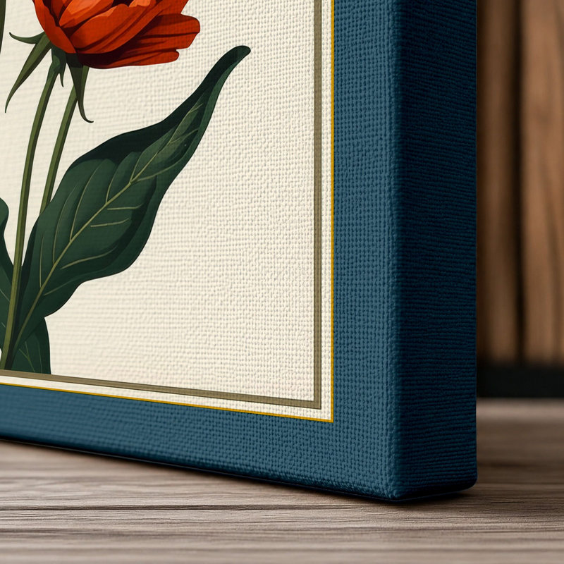 Three Gerbera Bloom Botanical - Wrapped Canvas, 36x24 - 91.4 x 61.0 cm, Teal Border