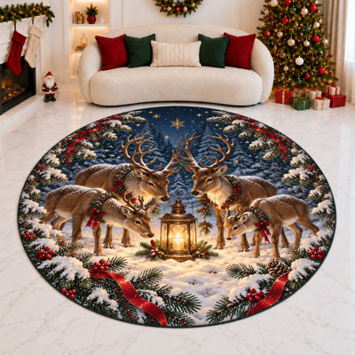 "Ultra Thin" 6' x 6' Reindeer Gathering Around Lantern Christmas Rounded Area Rug for Living Room, Bedroom and Home Office, Soft Low Pile Indoor Carpet with Non-Slip Silicone Backing