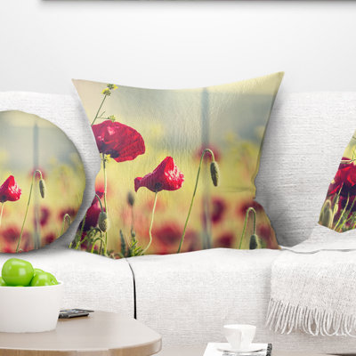 Poppy Flowers on Green Background - Floral Printed Pillow