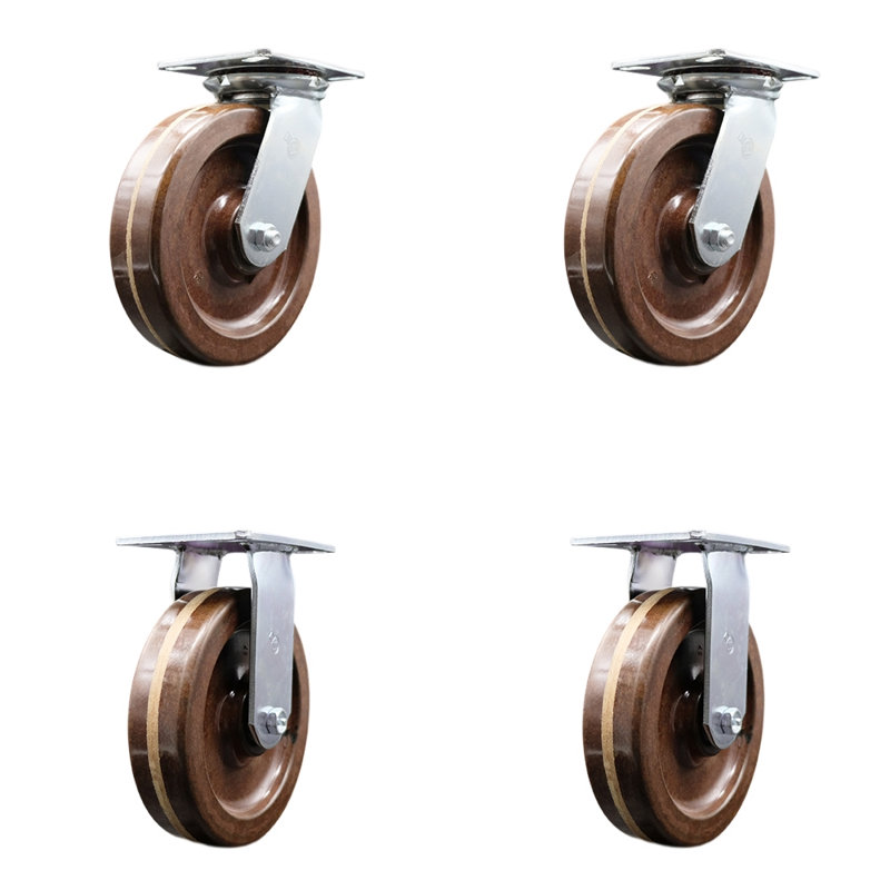 8 Inch High Temp Phenolic Caster Set with Roller Bearing 2 Swivel Lock 2 Rigid