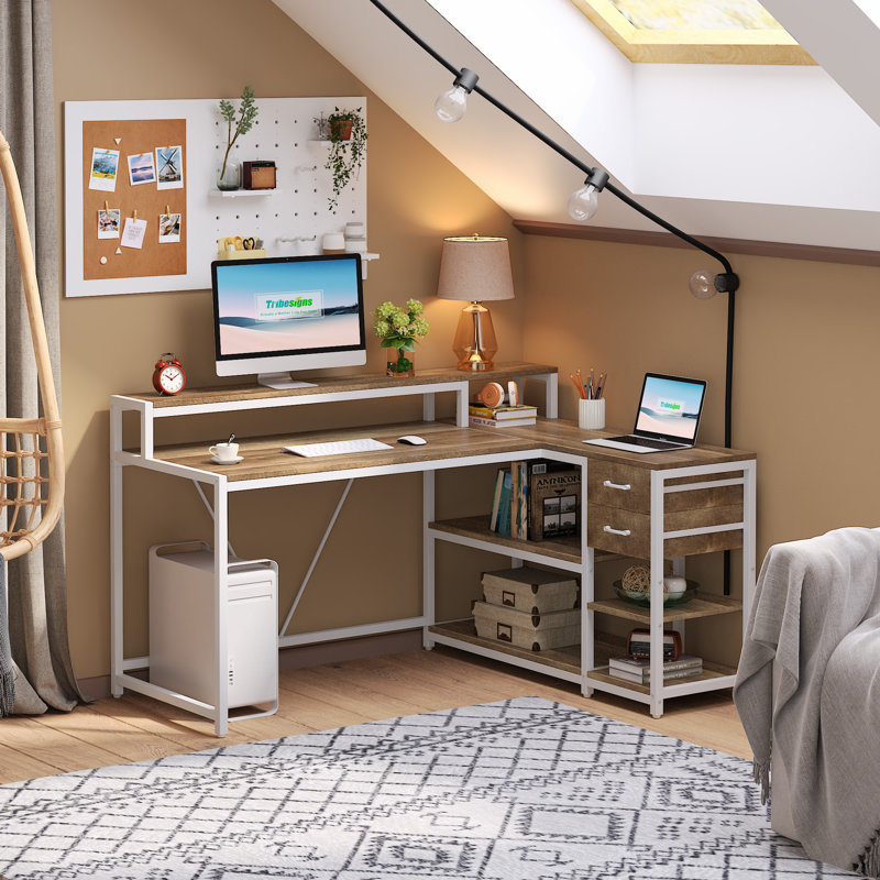 104.1Cm W L-Shaped Computer Desk, Oak/White