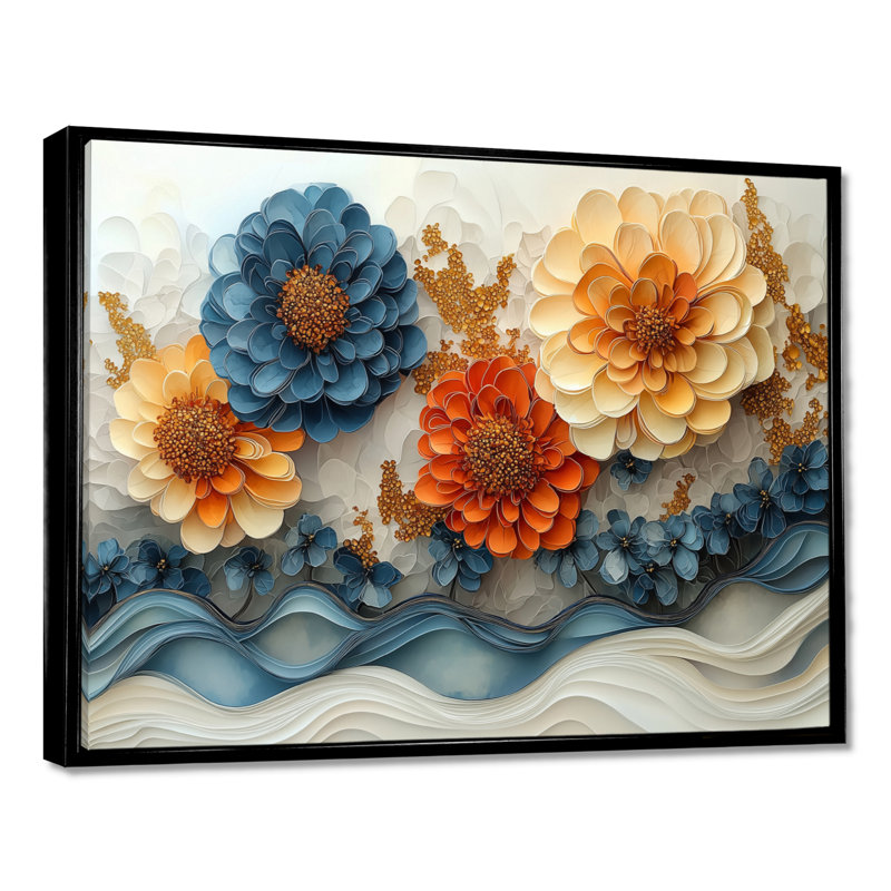 «Jaciana Dreamscape Dancing parmi les Zinnias II», art mural Zinnias, H 30 po x l 40 po, Noir, Impression encadrée flottante