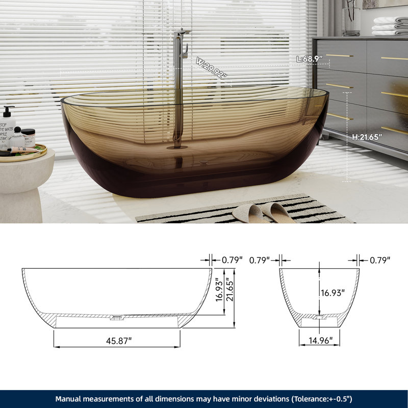 Baignoire de trempage autoportante 69 po en sépia transparent 69 po