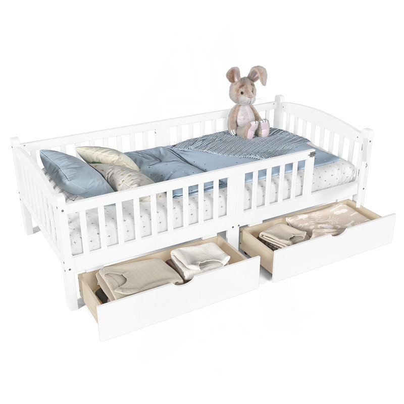 Lit plateforme simple TG avec garde-corps pleine longueur, lit plateforme pour enfants avec tiroirs de rangement, tête de lit enfantine et mignonne