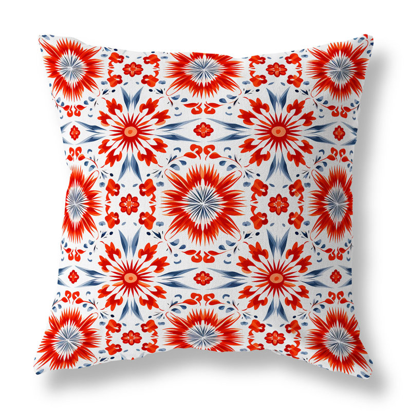 Vibrant Red and Gray Floral Geometric Square Pillow