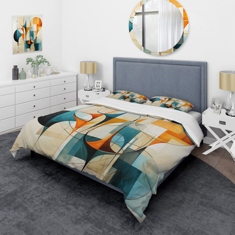 Ensemble de housse de couette orange et bleu Mid Century Harmony In Geometric I Bedding
