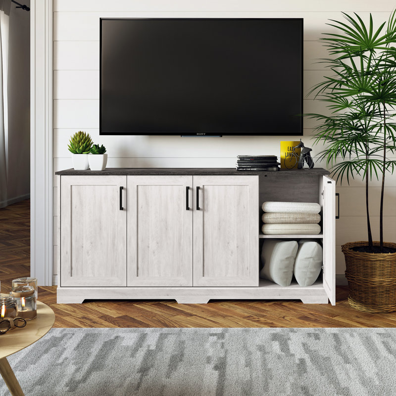 Yazeed Rustic Ridge Washed White 4 Door Sideboard Storage Cabinet