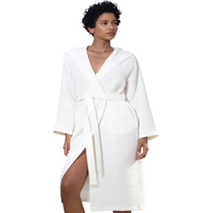 Peignoir mi-mollet en coton avec poches et capuche