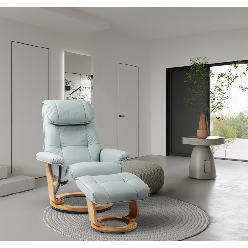 Beaucet 31.5" Wide Genuine Leather Swivel Recliner with Ottoman, Blue Genuine Leather