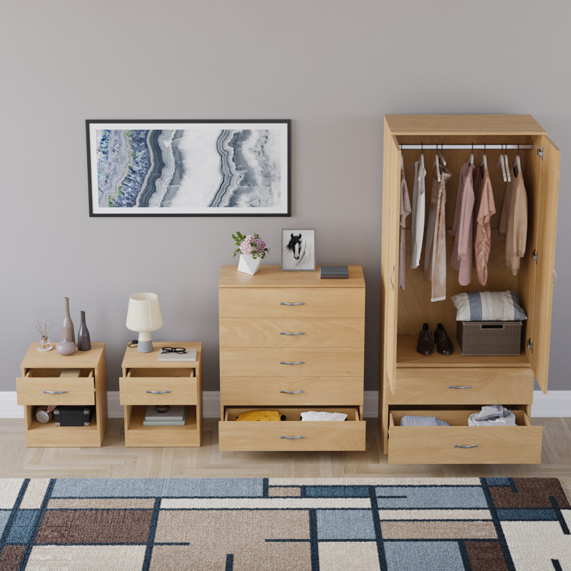 Tayce 4 Piece Bedroom Set (1 Drawer Bedside Chest X2, 5 Drawer Chest, 2 Door 2 Drawer Wardrobe), Tan
