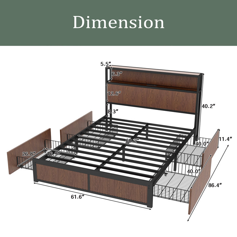 Grand cadre de lit avec rangement à motif en relief, cadre de lit plateforme en bois avec fonction de rangement à tiroirs multiples, douille de chevet