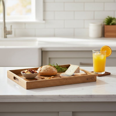 Plateau de service en bois d'acacia avec poignées - Plateau rectangulaire en bois d'aspect teck pour le petit déjeuner et les réceptions